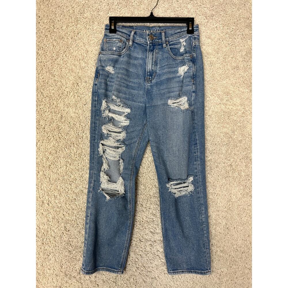 American Eagle High Rise 90s Boyfriend Jeans Womens Size 4 Blue Denim Distressed